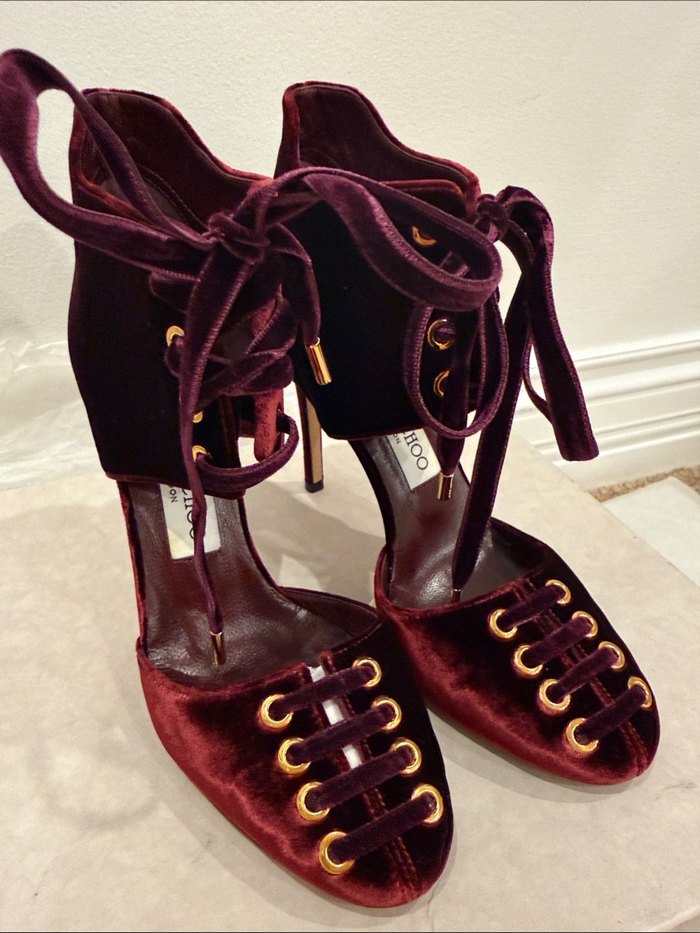 Jimmy Choo Burgundy Velvet Lace-Up Heels – Size 37 – Worn Once